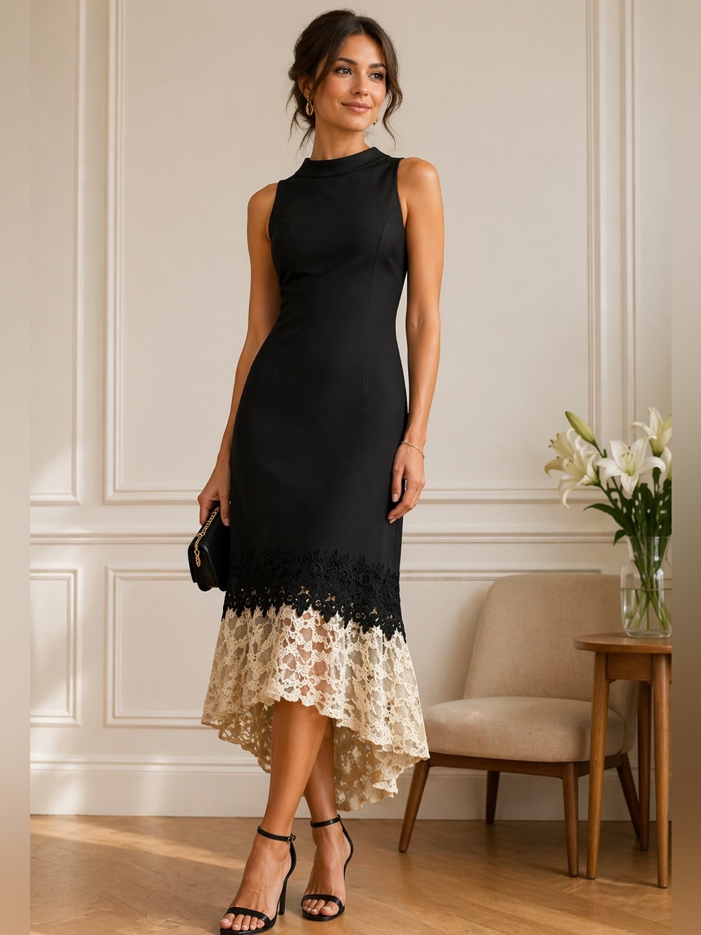 Eva Mandes NY&Co Sleeveless High-Low‎ Black Dress with Lace Hem, Size 0